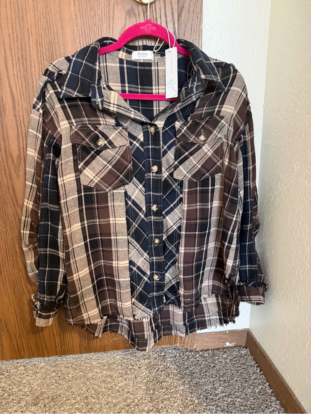 Plaid Button-Down Shirt Jacket in Brown & Navy